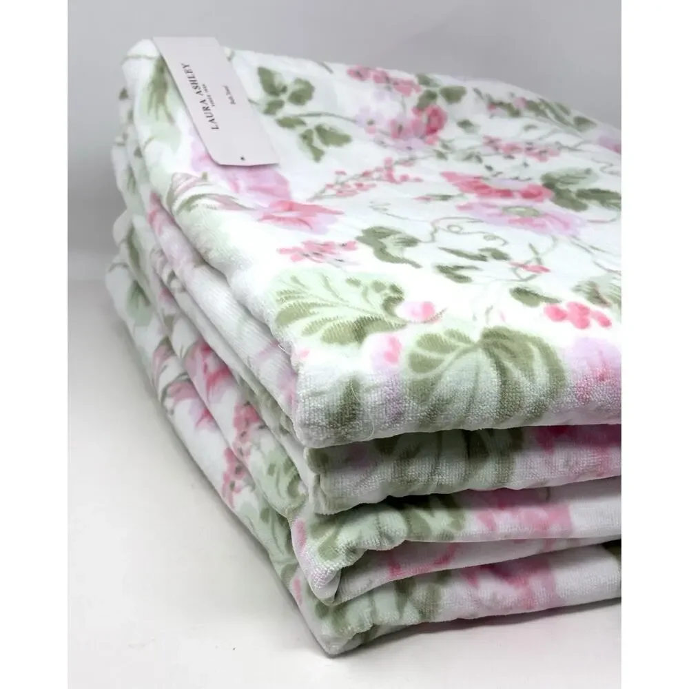 Laura Ashley Bath Towels Set Morning Gloria Floral 4 Pcs Pink Green White NWT